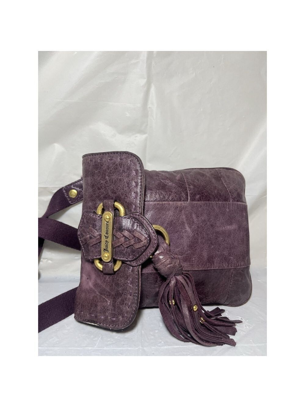 JUICY COUTURE WHIPSTITCH LEATHER TASSEL CROSSBODY BAG PURSE Plum Y2K - Picture 15 of 16
